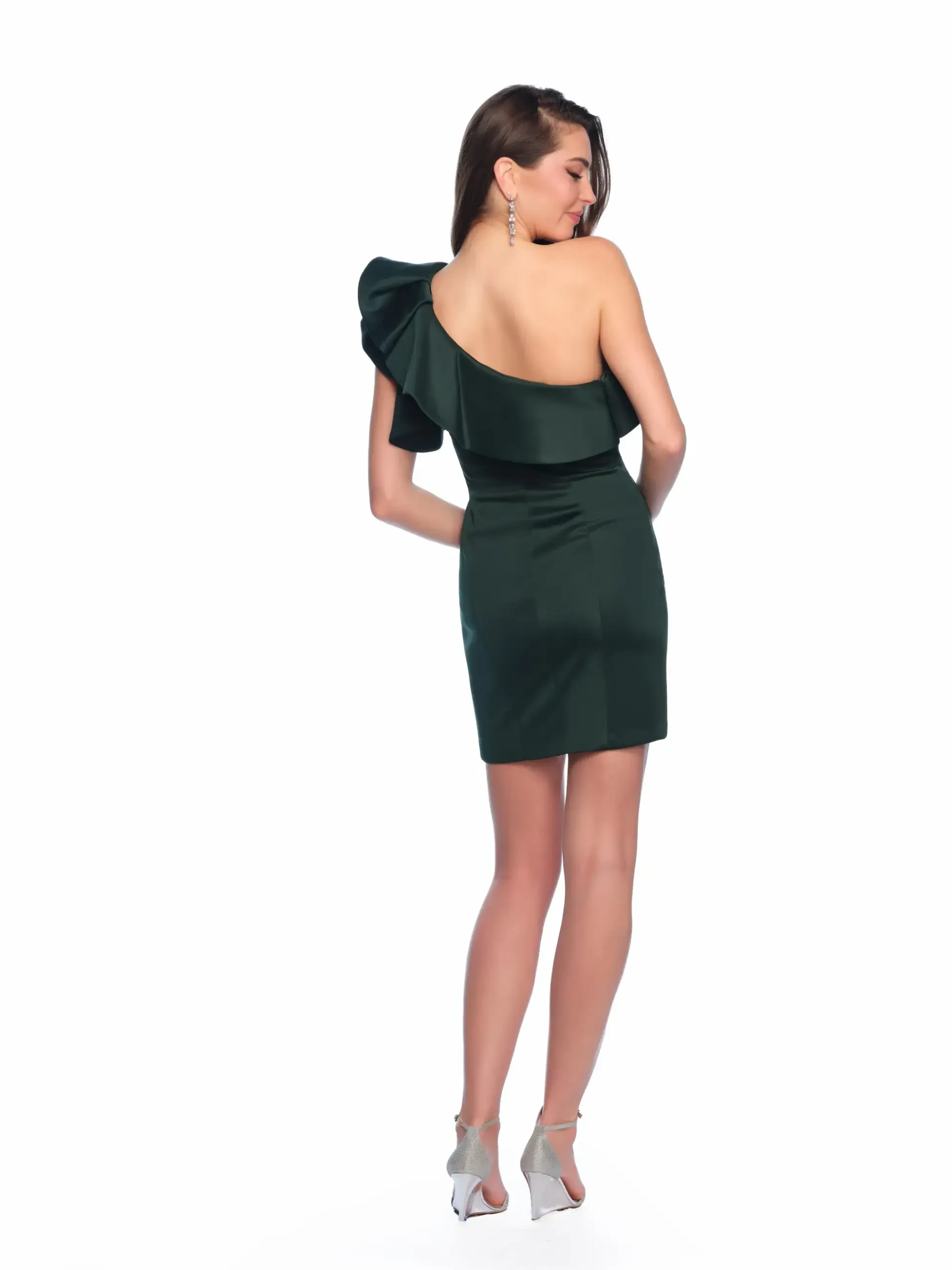 model is wearing a black one shoulder mini hoco dress