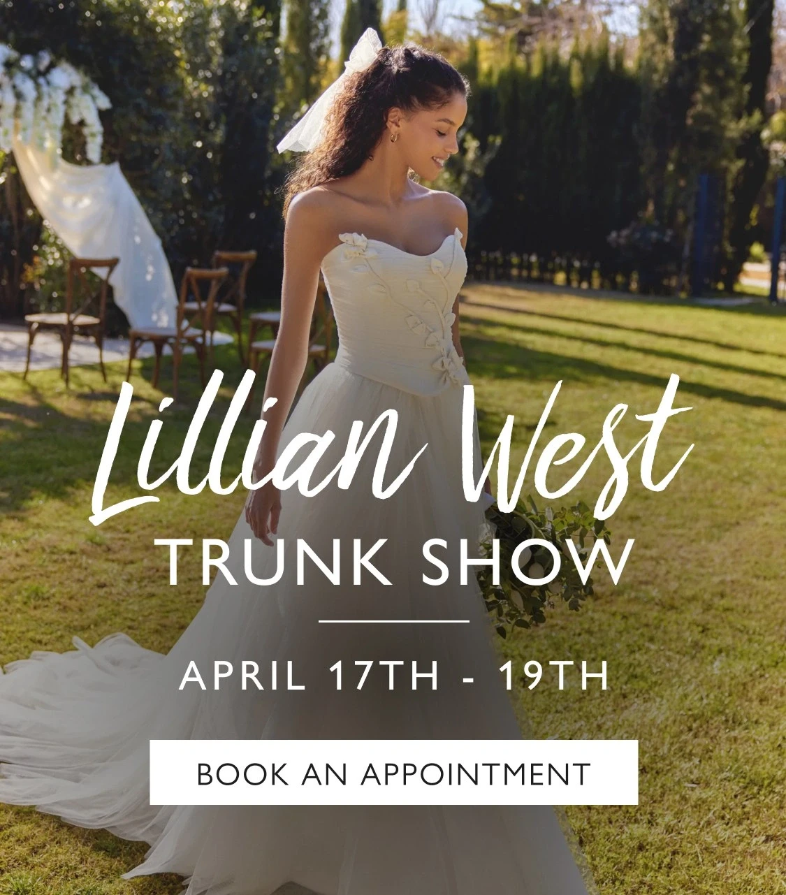 Models wearing Lillian West bridal dresses, trunk show mobile banner