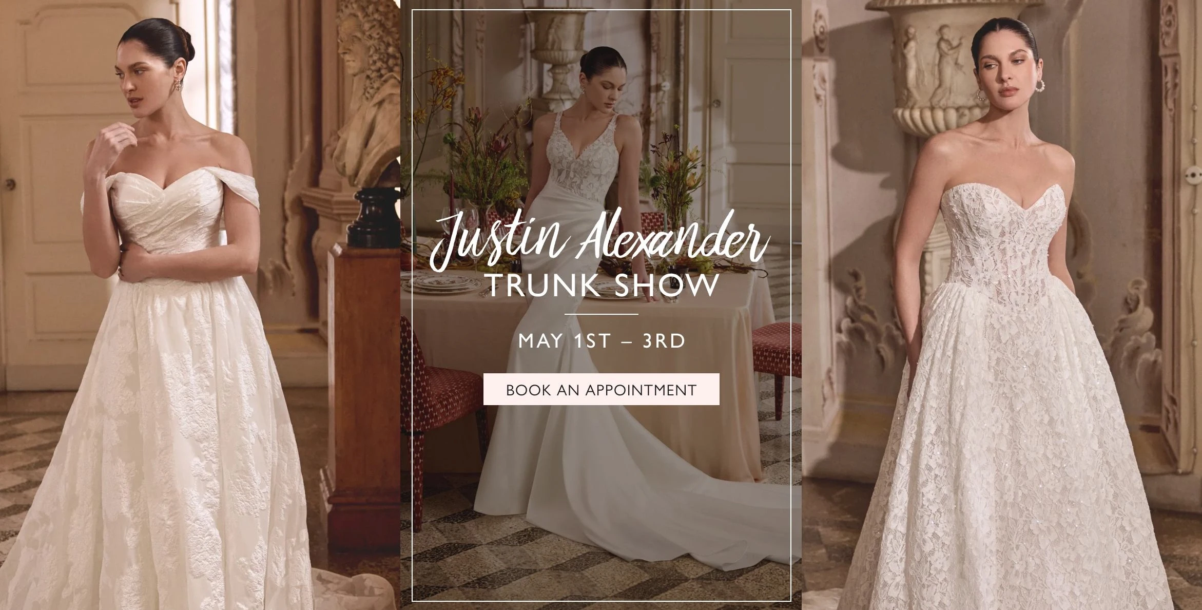 Models wearing Justin Alexander bridal dresses, trunk show desktop banner