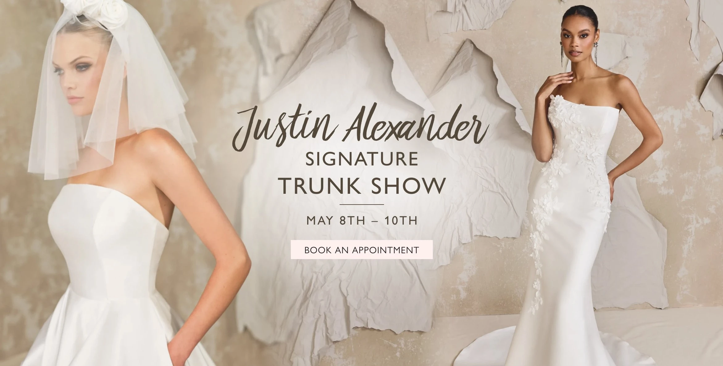 Models wearing Justin Alexander Signature bridal dresses, Trunk Show desktop banner