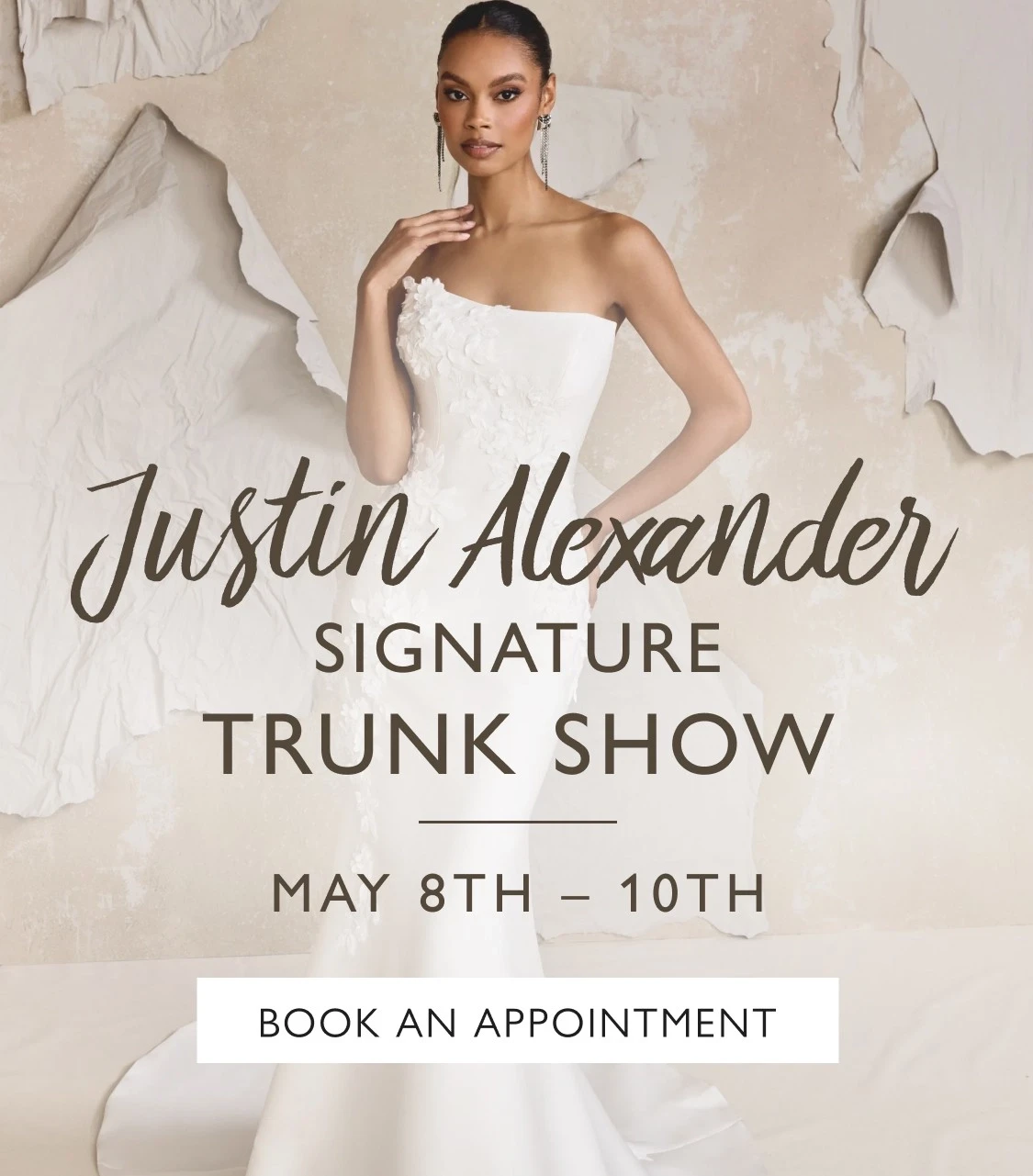 Models wearing Justin Alexander Signature bridal dresses, Trunk Show mobile banner